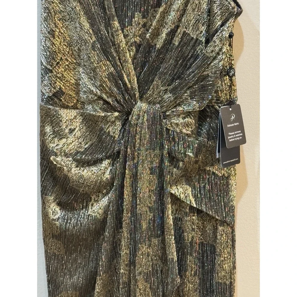 Adrianna Papell One Shoulder Metallic Gown Size 2 Gold Black Prom Gala MOB - Picture 5 of 7
